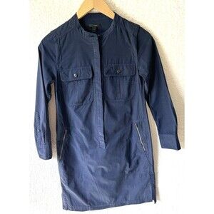 JCREW Utility Dress‎ Navy Long Sleeve Size 0 Zippers Pockets Cotton Lyocell